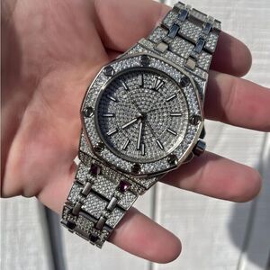 Iced Out Silver Bust Down Watch Simulated Diamond Hip Hop Bling Day Date Dial
